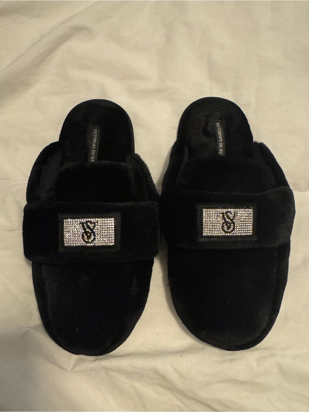 Victoria's Secret Black Plush Slide Slippers with Rhinestone VS Patch